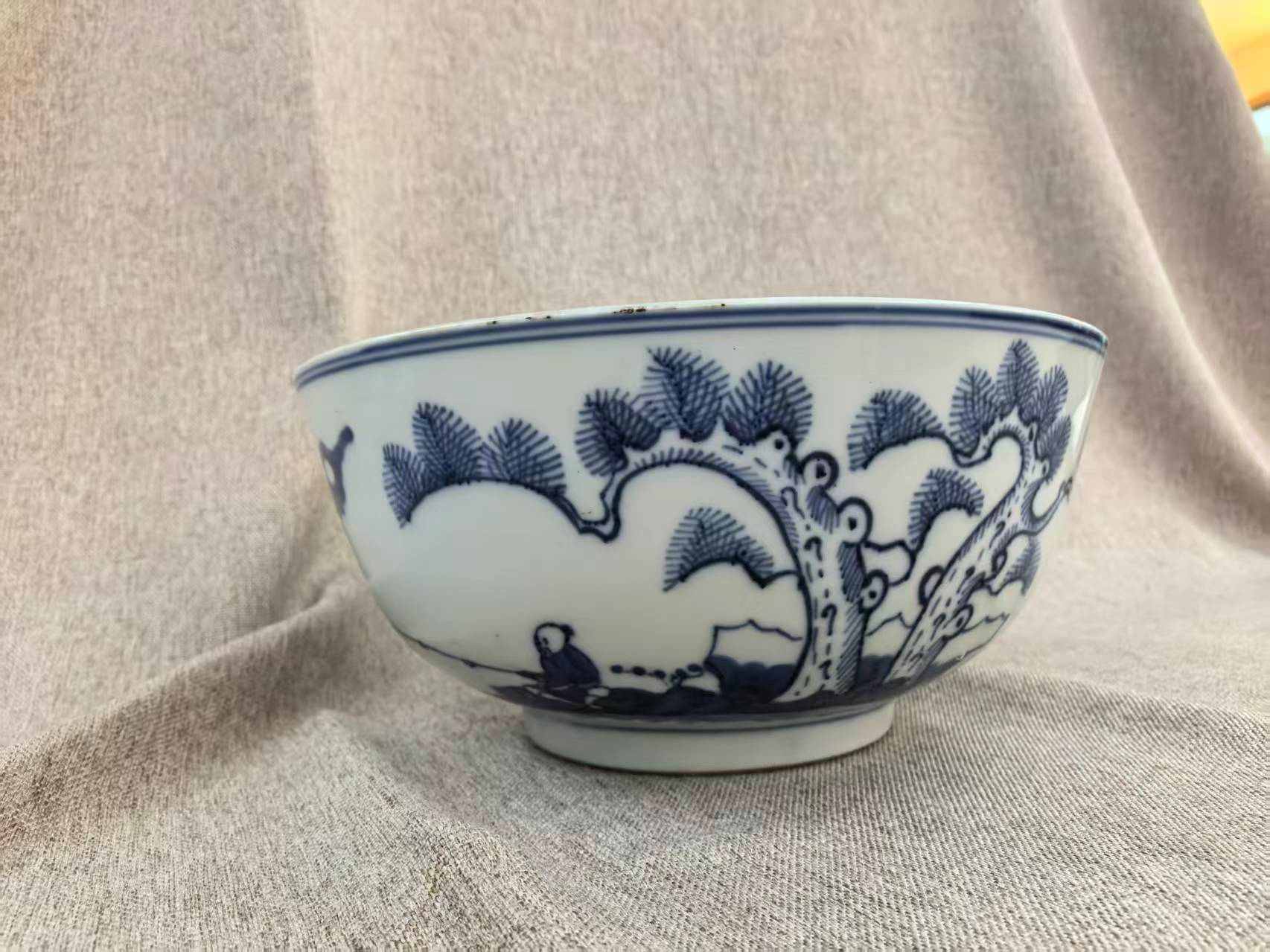 清 青花人物诗文大碗